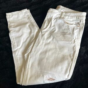 White Distressed Denim Jeans With Gold Sequin Accents. Size 6